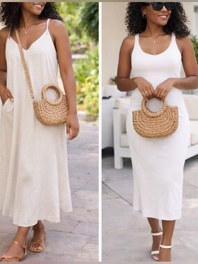 Straw Woven Handbag Round Handle Raffia Crossbody Boho Summer Bag